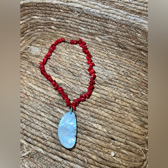 Red Coral Necklace with Abalone Pendant - Picture 6 of 6